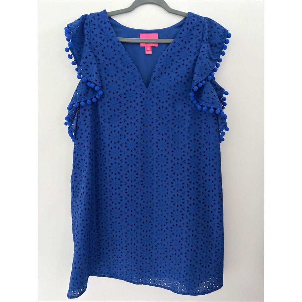 Lilly Pulitzer Astara Dress Baha Blue Womens Sz XL Neon Sunburst Eyelet Pompoms - Picture 3 of 16